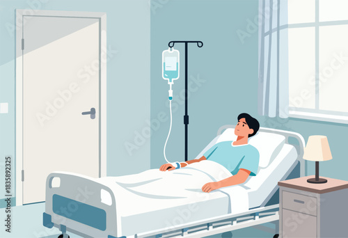 A patient lies in a hospital bed with an IV drip. There is a bedside table and a window