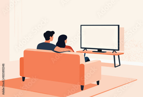 Vector illustration of a couple sitting on a couch watching TV. The room is light with a minimal design