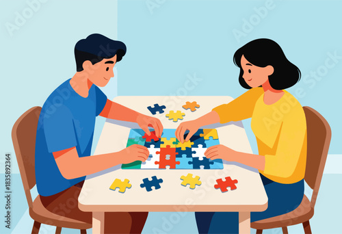 Two figures collaboratively assemble a jigsaw puzzle at a table, surrounded by puzzle pieces