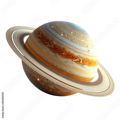 Ringed planet swirling, banded atmosphere and icy rings, cosmic scene