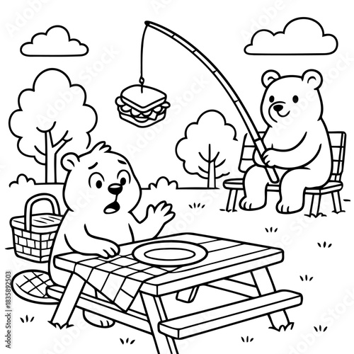 Picnic Bear's Dilemma: Two playful bear friends have an unfortunate picnic. One fishing for lunch and the other stunned in the face of hungry adventure. A cartoon illustration.