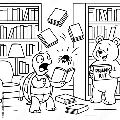 Prank in the Library: A whimsical illustration captures a playful prank unfolding in a cozy library setting, with a surprised turtle and a mischievous bear involved in the book-themed humor.
