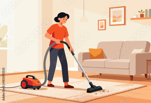 A person vacuums a carpet in a living room, near a couch, decorated with art