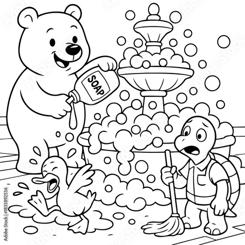 Bath time: a bear, a turtle, and a duck gather around a fountain filled with soap bubbles, enjoying bath time.