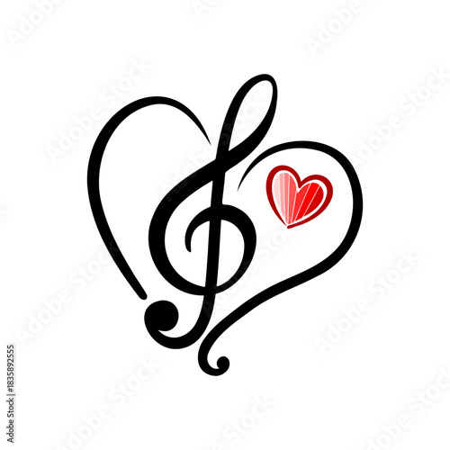 Romantic Music Love Concept with Treble Clef and Heart Shape Silhouette Vector