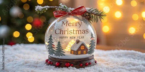 Festive christmas snow globe with merry christmas and happy new year message illuminated by warm lights and decorated with pine branches