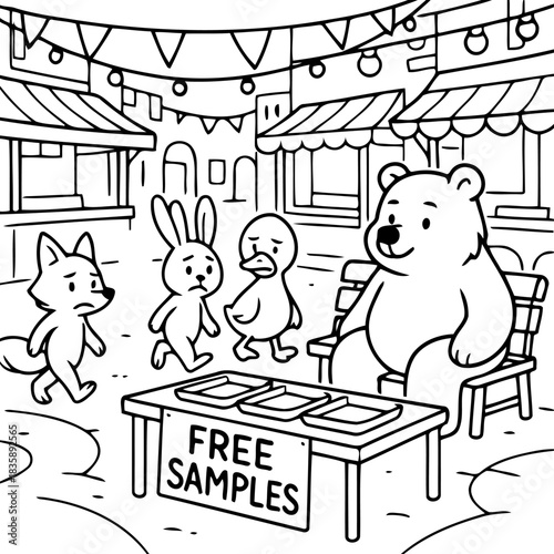 Market of Curiosity: A scene from children's book style featuring a cute characters gather around a booth labeled Free Samples. The expressions convey a range of curiosity and anticipation.