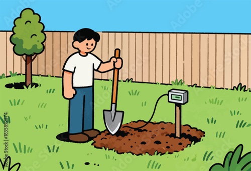 Cartoon illustration of a person with a shovel, digging in a yard near a monitoring device