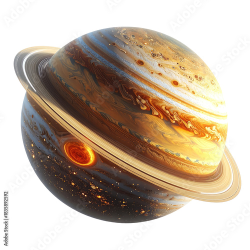 Ringed planet with swirling orange, white, blue atmosphere detail