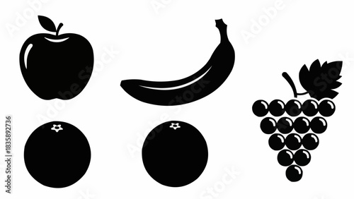 Silhouette of Assorted Fruits - Apple, Banana, Oranges, and Grapes.