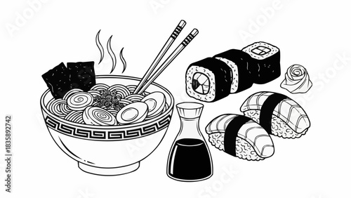 Hand drawn illustration of Japanese ramen and sushi set.
