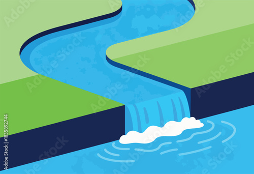 A stylized illustration features a waterfall cascading into a pool from a stylized, tiered green landscape