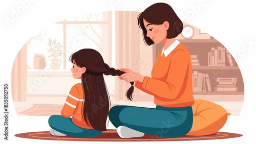 Mother braiding her daughters long dark hair with care and affection.