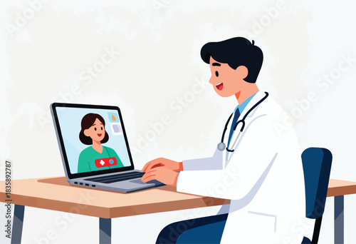 A doctor in a white coat consults a female patient via laptop video call, smiling. Medical telecommunication concept
