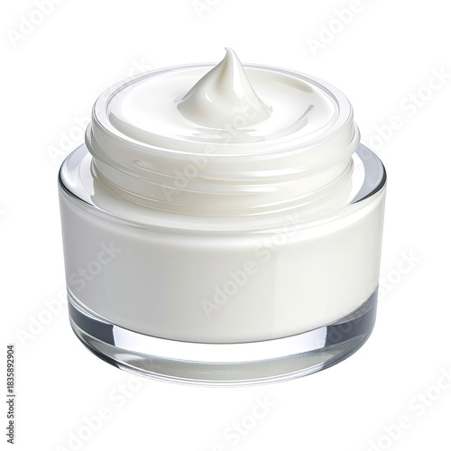 Creamy white moisturizer in a clear jar with sleek design