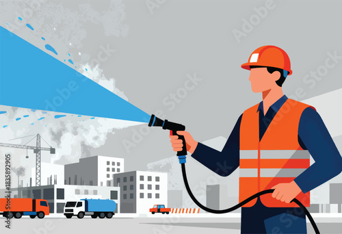An illustration shows a worker spraying water from a hose at a construction site, with buildings and trucks