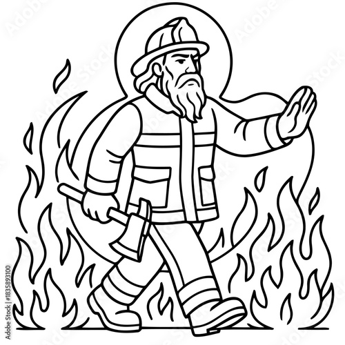 Brave Protector: An illustrated firefighter fearlessly strides through flames, ax in hand, a symbol of unwavering courage and dedication.