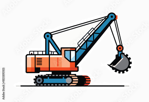 Cartoon illustration of an excavator, rendered in vibrant colors and geometric shapes, on a white background