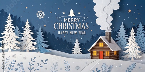 Cozy log cabin in a snowy forest at night with merry christmas and happy new year greetings