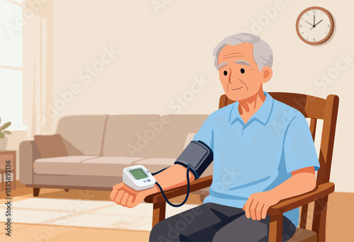 An elderly man checks his blood pressure at home with a medical device, sitting in a chair. A clock is visible