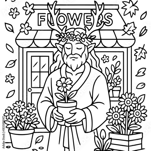 Mystical Florist: A fantastical illustration depicts a serene figure adorned with antlers and floral crown, cradling a potted flower, standing before a flower shop