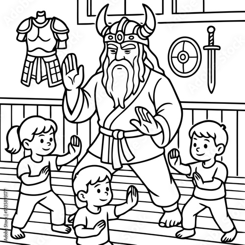 Ancient Training: A wise instructor leads children in a martial arts exercise, surrounded by ancient artifacts, teaching them discipline, strength, and the heritage of past warrior traditions.