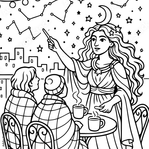 Stargazing Storyteller: An ethereal figure, adorned with celestial symbols, shares the wonders of the night sky with attentive listeners, creating a magical narrative under the stars.