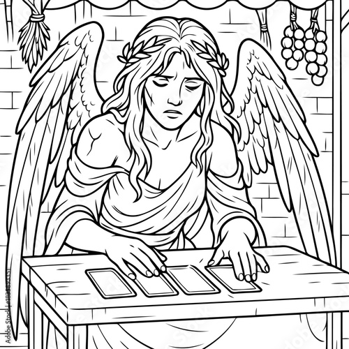 Mystic Oracle's Guidance: An ethereal being with majestic wings, adorned with a laurel wreath, thoughtfully arranges tarot cards, conveying a sense of mystical wisdom and introspection.