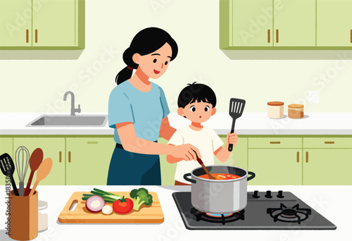 A mother and child cook together in a kitchen. Vegetables are prepped and the cooking pot simmers on the stove