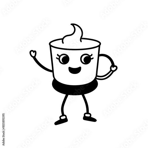 Cartoon coffee cup with cream waving on transparent background silhouette