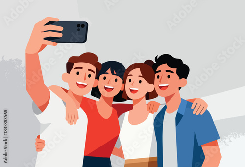 Group of friends smiling while taking a selfie with a phone held up against a gradient gray background