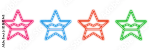 Neon glowing star with wave vector icons set, marine, ocean, summer, beach, nautical, award, achievement, vibrant colorful digital design illustration on dark background.
