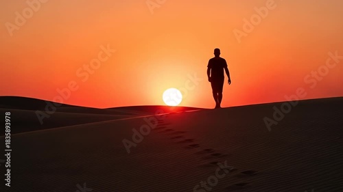 Silhouette of a person walking on a sand dune against a vibrant sunset in the desert