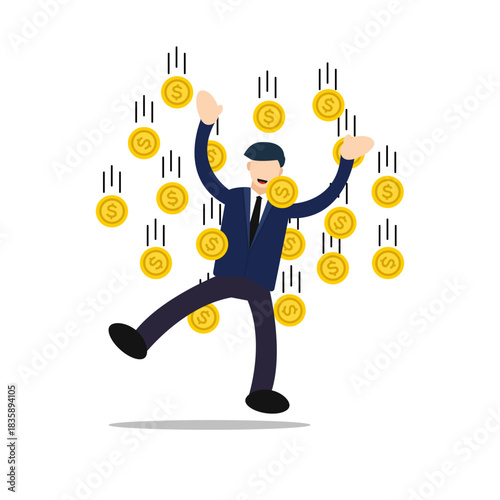 Overjoyed Man Cartoon Surrounded by Falling Coins