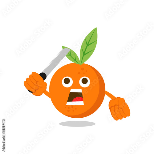 Orange fruit with a knife, cartoon style with an aggressive look, ready for action, isolated
