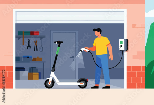 A person charges an electric scooter in a garage, next to tools on the wall. A green hill is outside