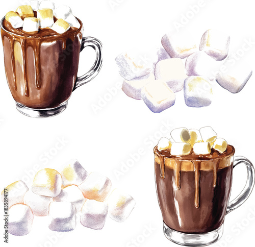 Hot chocolate with marshmallows watercolor  illustration vector isolated on white background