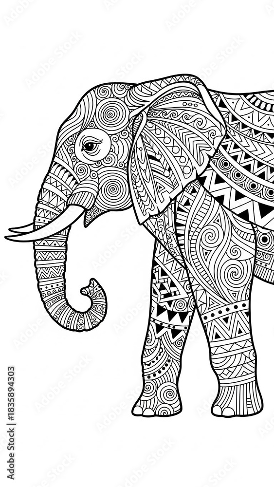 Obraz premium A black and white illustration of an elephant adorned with intricate, detailed patterns and tribal designs, suitable for adult coloring books.