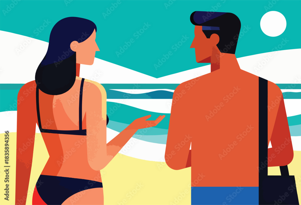 Obraz premium Illustration of a couple on a beach, woman in bikini gestures towards the sea, man has bag