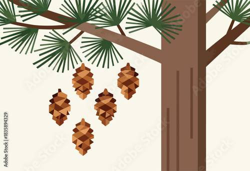 A geometric illustration of a tree with green needles and hanging pine cones, on a beige background