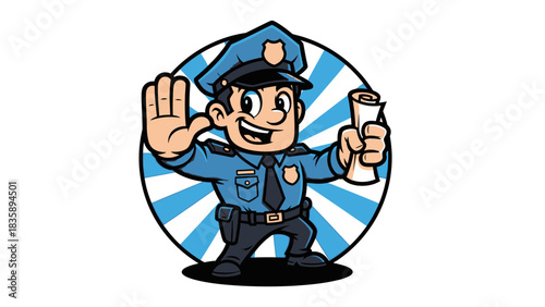 Cartoon police officer in uniform holding document, gesturing to stop with hand.