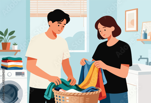 Illustration shows couple sorting laundry in a laundry room, featuring a washer, basket, plants and framed artwork