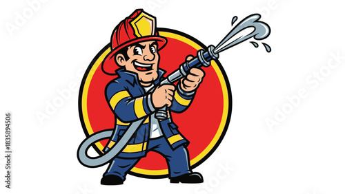 A cartoon firefighter in uniform sprays water from a hose, smiling.