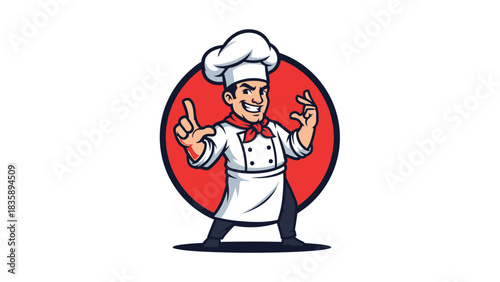 Cartoon chef with a confident expression, wearing a hat and uniform, standing against a red circle.