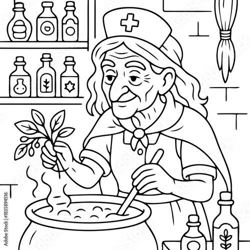 The Herbalist's Brew: An elderly figure, clad in traditional attire, stirs a steaming concoction in a cauldron while carefully examining herbs, evoking themes of healing, history, and folklore.