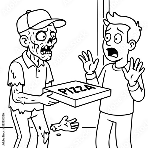 Zombie Pizza Delivery: A surprised customer recoils in horror as a zombie delivery person presents a pizza. The eerie scene, a quirky mix of everyday life and the undead.