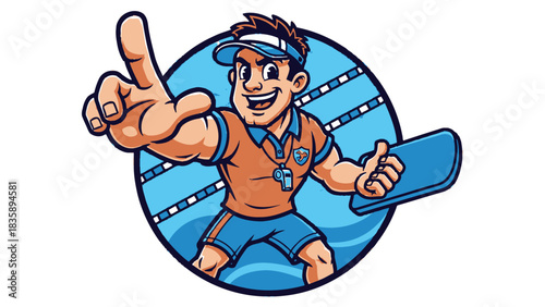 Swimming coach mascot pointing and holding a kickboard in a circular emblem