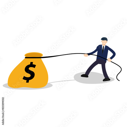 Businessperson struggling to pull a heavy bag of money, symbolizing financial challenges and effort in wealth management