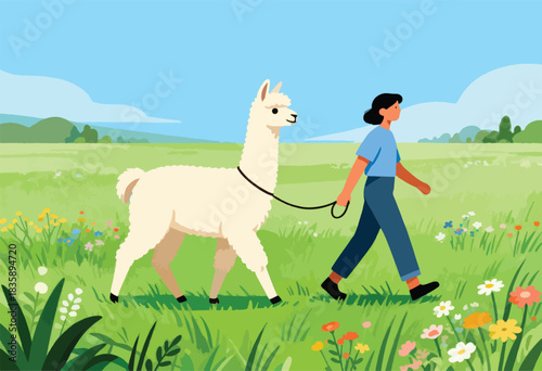 A person walks an alpaca on a leash through a flower-filled meadow, with a blue sky and hills