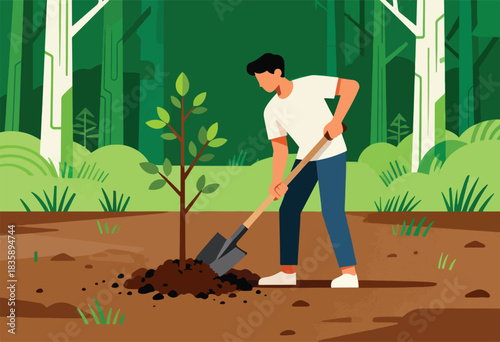 A person plants a tree in a forest setting. The illustration depicts a green background and a person with a shovel
